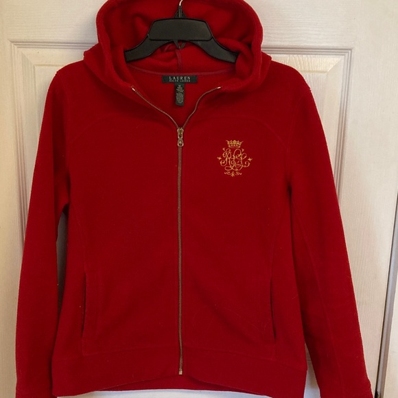 Lauren Ralph Lauren Tops - Lauren Ralph Lauren Red Zip-Up Hooded Fleece with Gold Crest